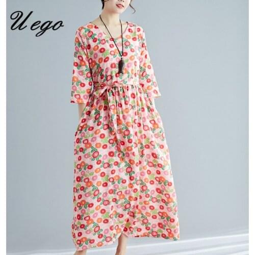 Three Quarter Sleeve Summer Autumn Dress O-neck Print Floral Prairie Chic Dress Linen Cotton Sashes Women Casual Spring Dress