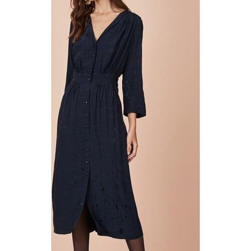 Ladies Viscose Navy Star And Moon Printed V Neckline Gathering Waist Nine Points Sleeve Midi Dress
