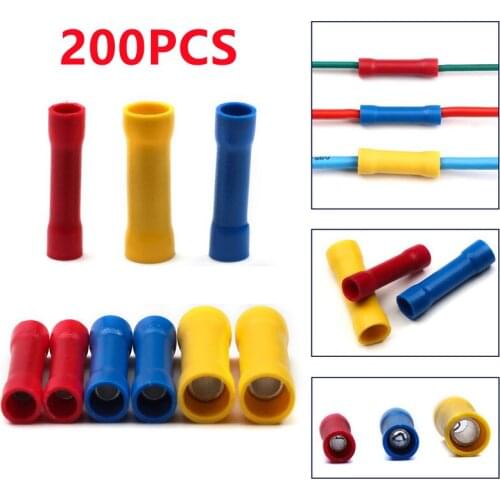 200Pieces BV1.25 BV2 BV5.5 Insulated Straight Wire Butt Connector Electrical Crimp Terminals BV1 BV5 Red Yellow Blue Set