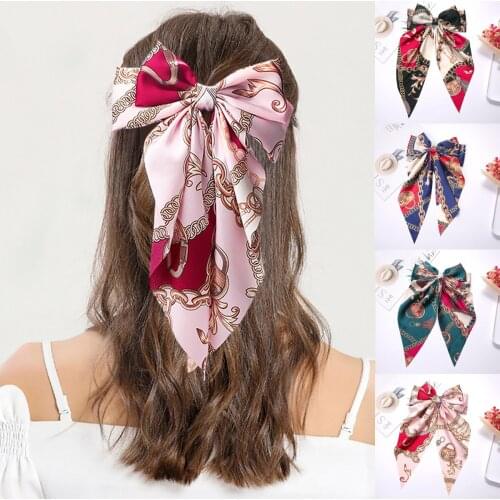 2021 Chain Floral Print Ponytail Scarf Bow Elastic Hair Rope Ties Scrunchies For Women Girls Elegant Hair Bands Accessories
