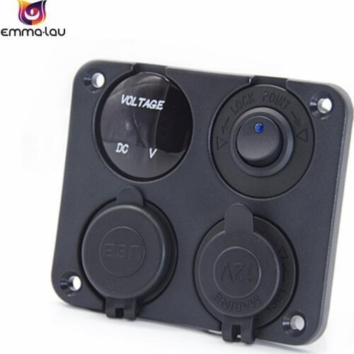 4 Function Car Panel LED Voltmeter Dual USB Socket Charger 2.1A 12V Power Outlet Toggle Switch Blue Led Boat RV Truck Camper DIY