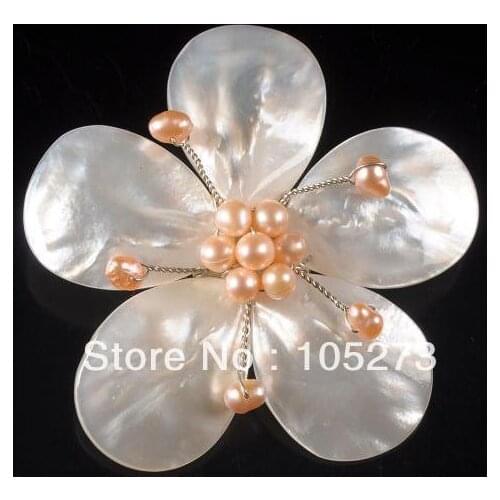 New Arriver 4-20mm White color Shell MOP & Pink Freshwater Pearl Flower Pin Brooch Pendant 65mm Handcrafted Fashion Jewelry