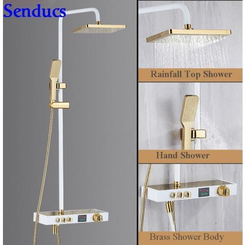 Senducs Digital Shower Set Fashion Square Brass Bathroom Shower Faucet Black Gold Shower System Intelligent Digital Shower Set