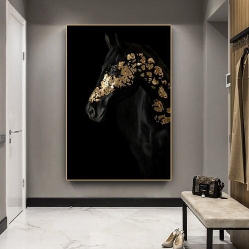 Canvas painting for living room Black and gold horse poster Creativity Room Decoration Light luxury Animal print Oil Painting
