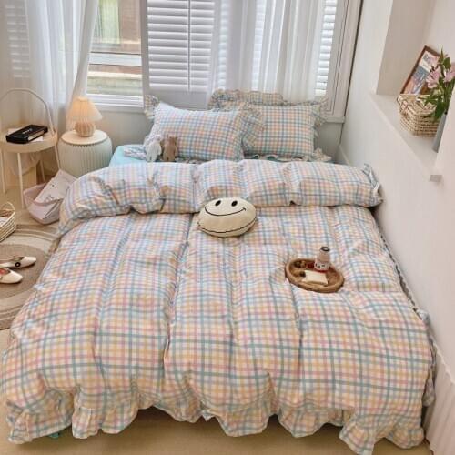 Luxury Vintage Plaid Duvet Cover with Ruffles Bed Sheet Set Pillowcase Elegant Princess 100% Cotton Soft Twin Queen Bedding Sets