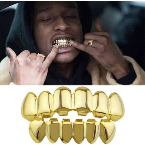 Hip Hop Gold Teeth Grillz Set Top Bottom Tooth Grills Dental Mouth Punk Teeth Caps Cosplay Party Rapper Jewelry New 2021 Hot