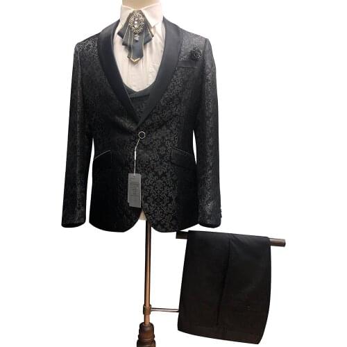 Dress Suit For Men Britsh Style Jacquard Luxry Homme Costume 3Pcs Skinny Wedding Male Blazer Black Set Tuxedo Jacket+Pants+Vest