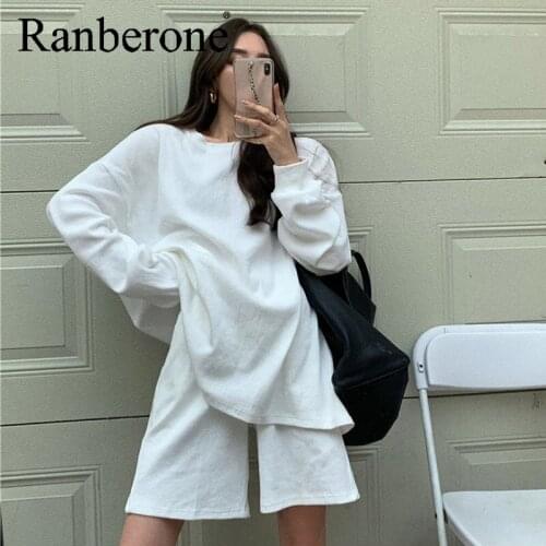 Ranberone Women Sports Tracksuit Oversize Two Piece Set Solid color Outfit Streetwear Long Sleeve Tops and Shorts Elastic Outfit