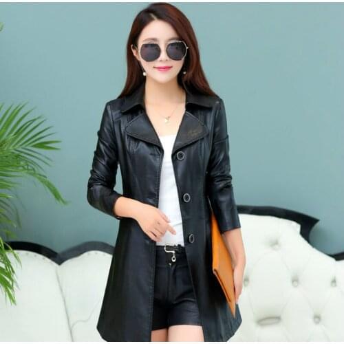Leather coat womens spring and Autumn[Haining]PU leather womens medium and long coat Korean slim leather jacket windbreaker
