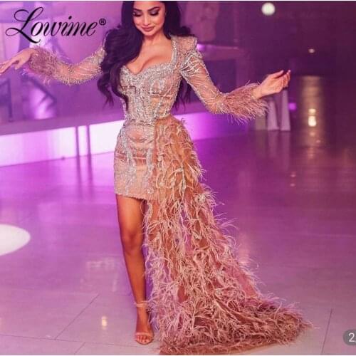 Lowime Feathers Beading Celebrity Dresses Custom Made Crystal Plus Size Dubai Arabic Vestidos Long High Low Champagne Party Gown