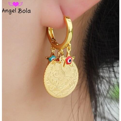 Fashion Pentagram Lucky Devil Eye Gold Coin Women Charm Pendant Earrings High-end Jewelry Wedding Party Holiday Gift Wholesale