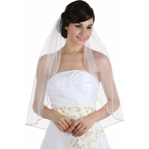 Soft Hot Sale Ivory/White 1 Tiers Waist Length Wedding Bridal Veil Rhinestone Edge
