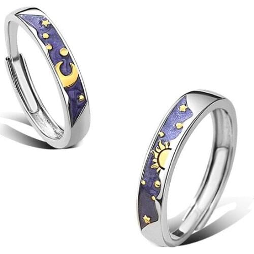 2021 New 925 Silver Enamel Sun, Moon, Star Sky Couple Ring Romantic Style Gift Couple Anniversary Gift Adjustable Couple Ring