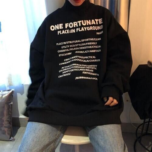 2020 Autumn And Winter New Sports Shirt Black Turtleneck Plush Pullover Women Loose Korean Letter Printing Base Wm