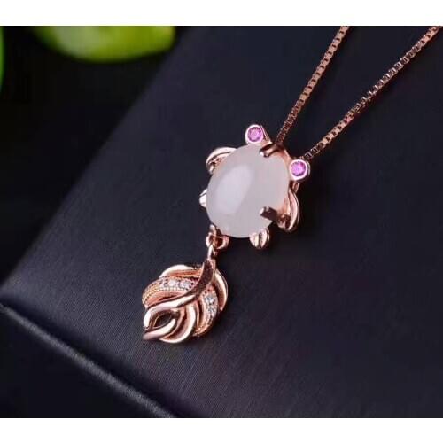 Natural white jade Pendant natural gemstone pendant necklace 925 sterling silver Lovely Elegant goldfish girl gift jewelery