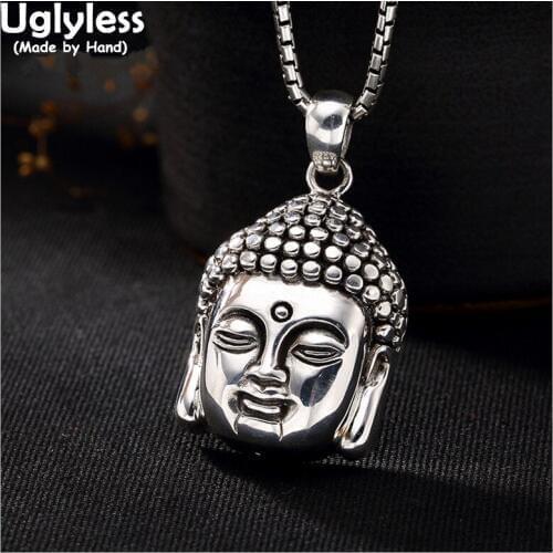 Uglyless Real 925 Sterling Silver Unisex Buddha Head Necklace without Chain Handmade Engraved Buddhism Relics Fine Jewelry Retro