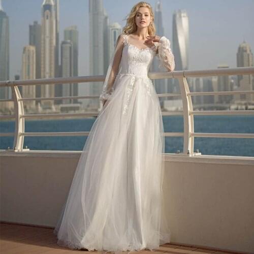 2021 New Arrival Full Lantern Sleeve Embroidery Appliques Tulle A-Line Wedding Dress High-End Lace Up Court Train Bridal Gown