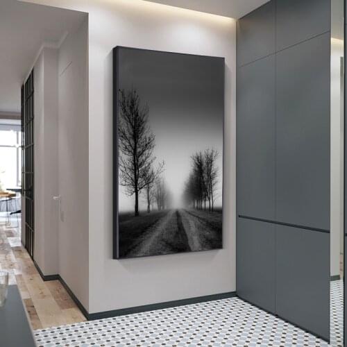 Simple modern Nordic black and white forest building dock landscape photography porch decorative painting print poster