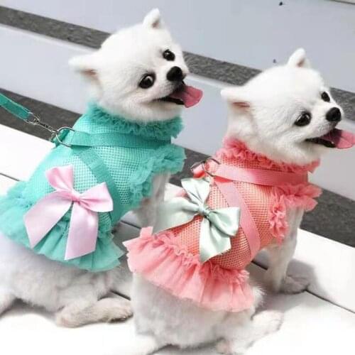 Mesh Dog Harness Vest Pink Green Tulle Dog Clothes Tutu Dress With Leash For Walking Bowknot Pet Cat Harness Dog Accessories XL