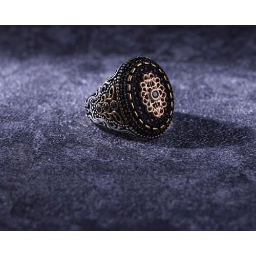Dark Zircon 925 Sterling Silver Special Craft Engraved Traditional Handmade Turkish Signet Ring Jewelry Gift for Women Men