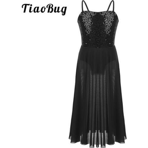 TiaoBug Kids Spaghetti Straps Sequined Ballet Gymnastics Leotards Dress Girls Performance Contemporary Lyrical Dance Costumes