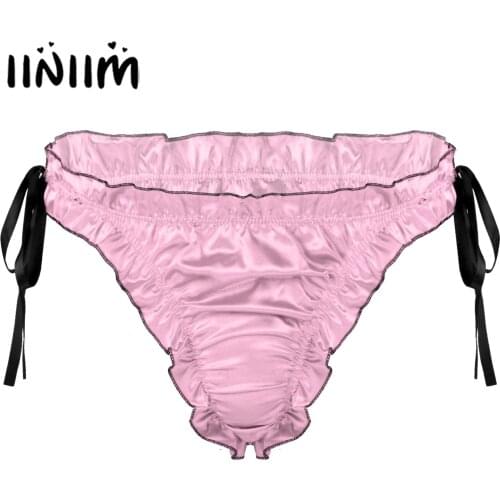 Mens Lingerie Lace Sissy Underwear Low Rise Ruffles Satin Bulge Pouch Briefs Panties Breathable Lace-up Pleated Trim Underpants