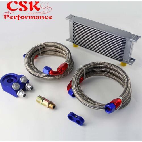 Universal 16 Row 248mm AN10 Engine Transmission Oil Cooler British Type + Aluminum Filter Adapter Kit Blue