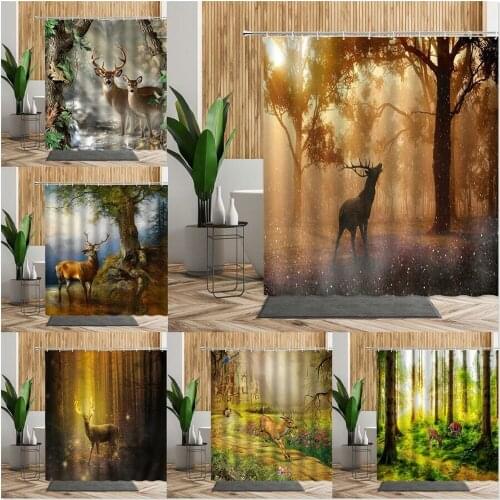 Deer Forest Scenery Shower Curtain Wild Animal Bath Screen Natural Landscape Living Room Wall Cloth Bathroom Curtains Home Decor