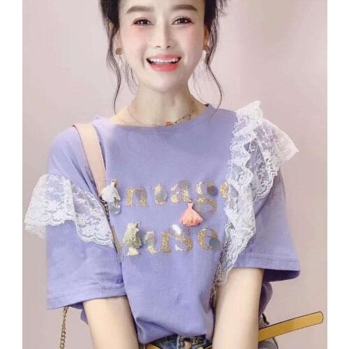 Printed Letter Handmade Tassel Decorative Short-Sleeve round Collar T-shirt Womens Spring and Summer New Korean-Style Fashion