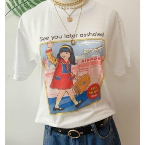 Sunfiz HJN See You Later Assholes Print T Shirt Women Short Sleeve Vintage Style 80s 90s Street Style Tee Tops