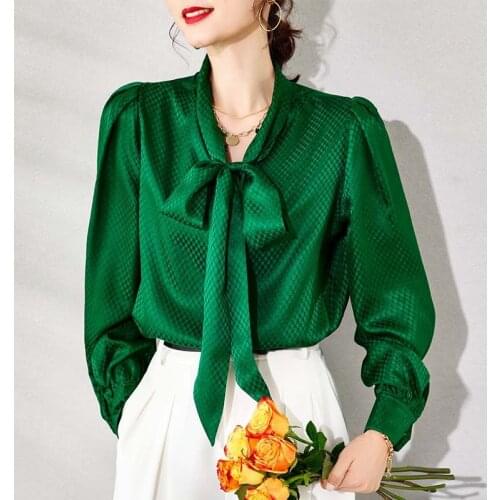 French-Style High-End Mulberry Silk Shirt For Women OL Ribbon Double-Sided Lantern Sleeve Elegant Woman Silk Shirt Top Blouse