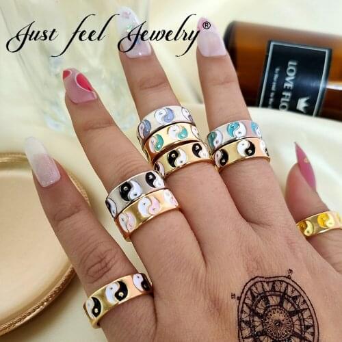 JUST FEEL Fashion New Yin Yang Tai Chi Bagua Metal Rings For Women Korea Multicolor Handmade Enamel Ring Geometric Party Jewelry