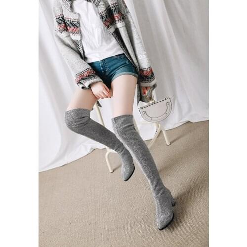 Flashing Gretebu Round-Toe Thick-Heeled Womens Boots Plush Lining Cold Winter Warm Stretch Boots Plus Size Over-The-Knee Boots