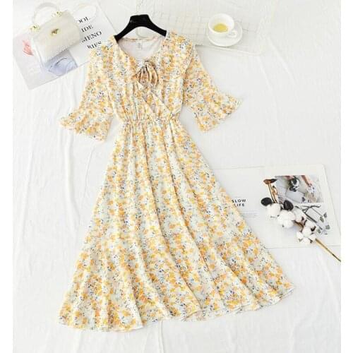 Vintage Floral Print Short Sleeve Women Dress 2021 Summer Chiffon Sweet Dress Fashion Casual Midi Dress Women A-line Vestidos