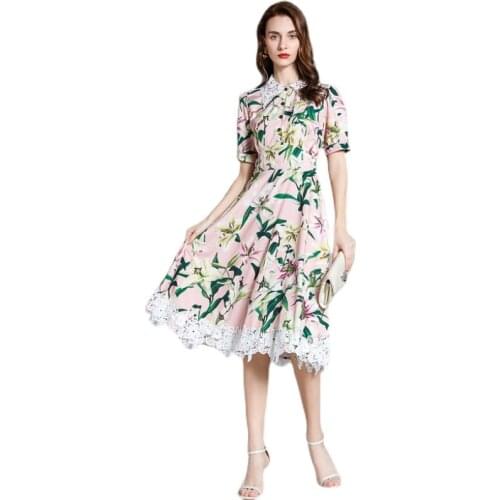 New Summer Women Elegant Party Dress High Quality Chemical Lace Patchwork Lily Flowers Print Runway Dress