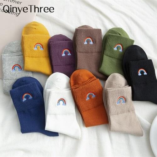 1 Pair New Autumn Winter Fashion Embroidery Cute Funny Rainbow Socks Candy Color Hipster Sokken Dropship