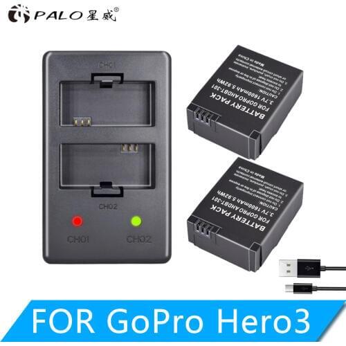 2 pcs gopro hero 3 battery 3.7V AHDBT-301 Hero3 battery + USB dual charger for gopro Hero3 + AHDBT302 camera accessories