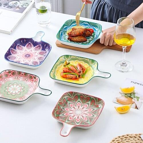 Bohemian Ceramic Single Handle Square Bakeware Chicken Wings Seafood Pasta Creative Oven Home Restaurant Dish Baked Rice Plates