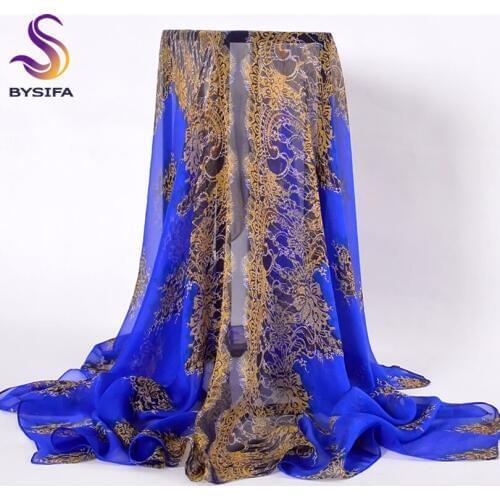 [BYSIFA] Chiffon Silk Scarf Shawl Fashion Accessories Dark Blue Women Classic Floral Large Square Scarves Summer Beach Cover-Ups