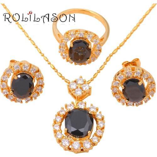 Zirconia Women wedding Gold Tone Earring Necklace Fashion Jewelry Sets Ring Black Crystal Health Sz # 7 JS272