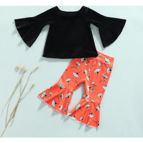 2Pcs Kids Autumn Outfits, Solid Color O-Neck Flared-Sleeves Tops+ Printed Bell-Bottoms for Girls, 6 Months to 5 Years