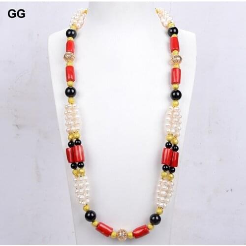 GG Jewelry Natural Red Coral White Pearl Long Black Onyx Sweater chain Necklace 30'' Women Lady Fashion Jewelry Gift