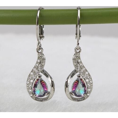 Huitan Elegant Women Dangle Earrings Number 6 Shape Inlaid Multicolor Drop Water Zircon Female Engagement Party Fashion Jewelry