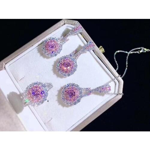 2021 New Luxury Pink Zircon Crystal Stone Necklace/Earring/Ring Sets for Women Wedding Party Fashion Sterling Silver Jewelry Set