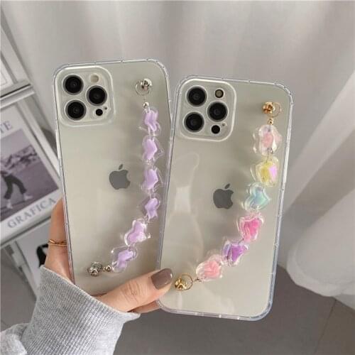 Korea Cute Love Heart Bracelet Case For iphone 11 12 Pro XS Max 12 MiNi XR X 7 8 Plus SE 2020 Wrist Chain Clear Soft Back Cover