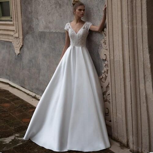 Sexy Deep V Neck A-line Wedding Dresses Lace Top Low Back Short Sleeve Satin Sweep/Brush Train Bride Gowns Custom Made