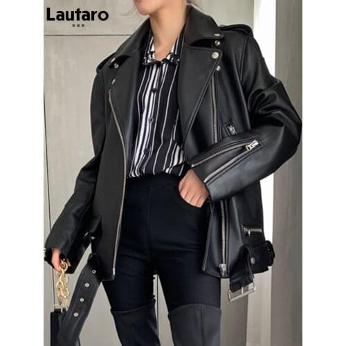 Lautaro Autumn Womens Leather Motorcycle Biker Jacket Zipper Long Sleeve Loose Red Black Soft Faux Leather Jacket for Women 2021