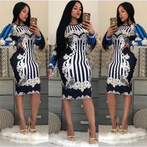 Fashion Spring Sheath dresses Women O-Neck Long Sleeve Multicolor print Sexy Club wear Bodycon Dress Knee-Length Party Dress