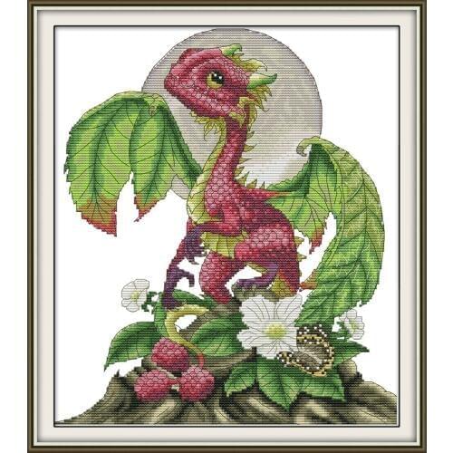 Raspberry dragon cross stitch kit aida 14ct 11ct count print canvas cross stitches needlework embroidery DIY handmade