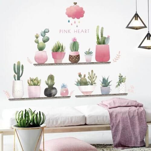 Pink Potted Plants Wall Stickers for Girl Room Living Room Bedroom Decor Self-adhesive Vinyl Wallpaper Sticker Home Decor Decals
